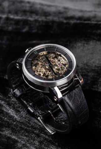 FOB PARIS Rehab 360 Exposed Skeleton Watch with Cracked Calf Leather Strap