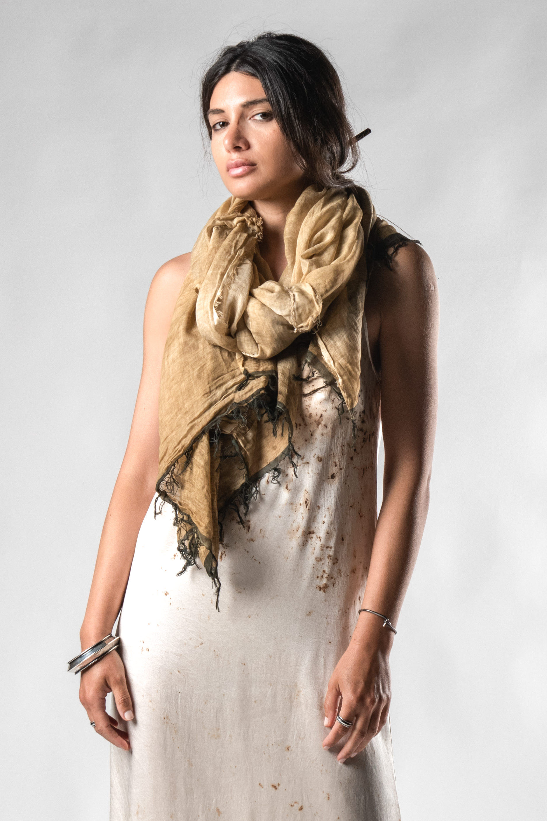 UMA WANG Coffee Stained Frayed Scarf | Elixirgallery