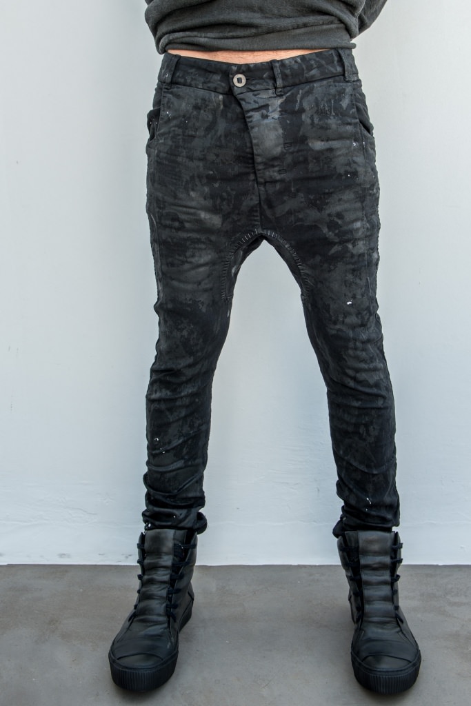 Boris Bidjan Saberi curved leg jeans, hand-stitche in color O