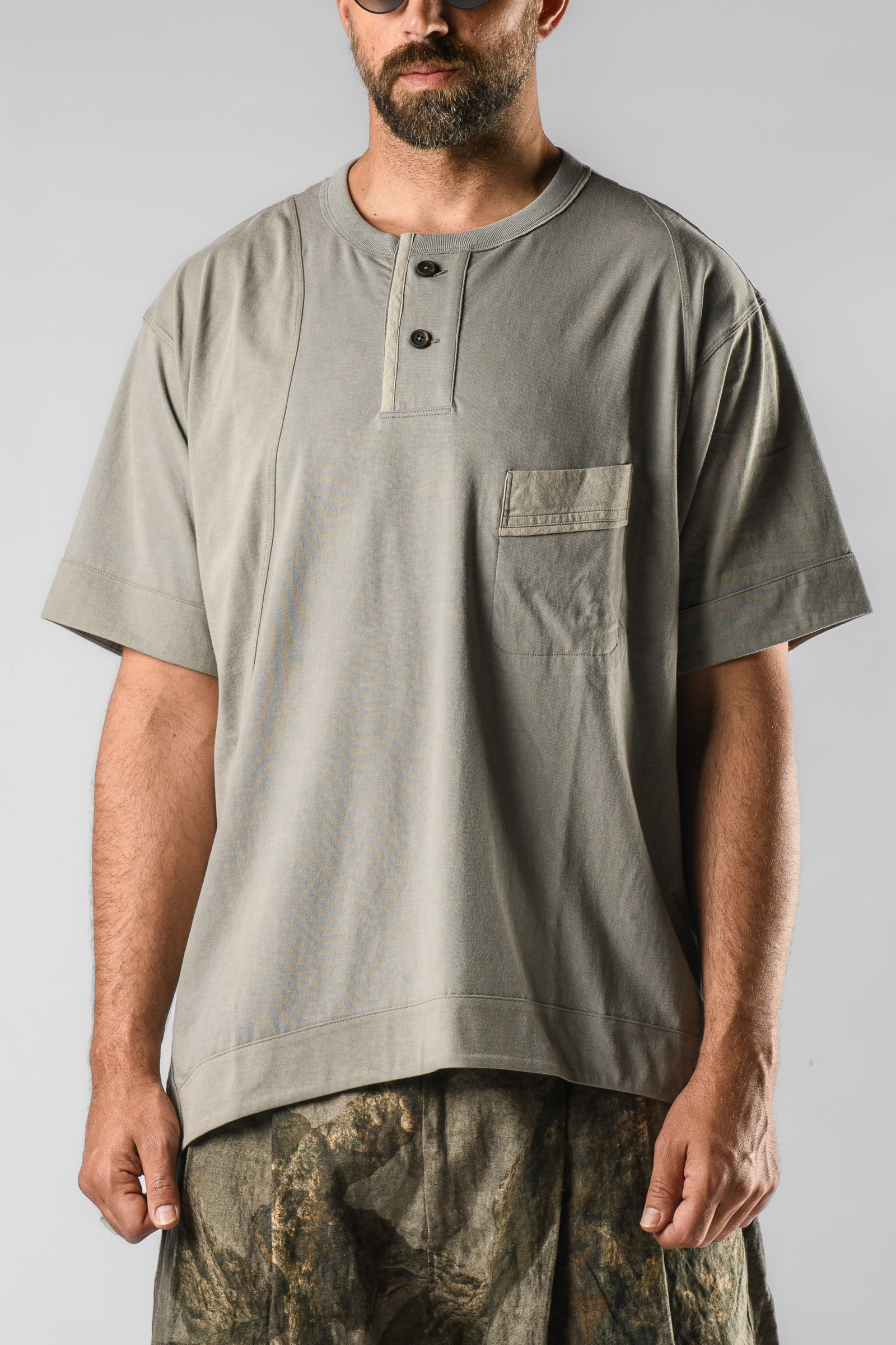 Ziggy Chen Asymmetric Henley T-shirt in color Col 02 | Elixirgallery
