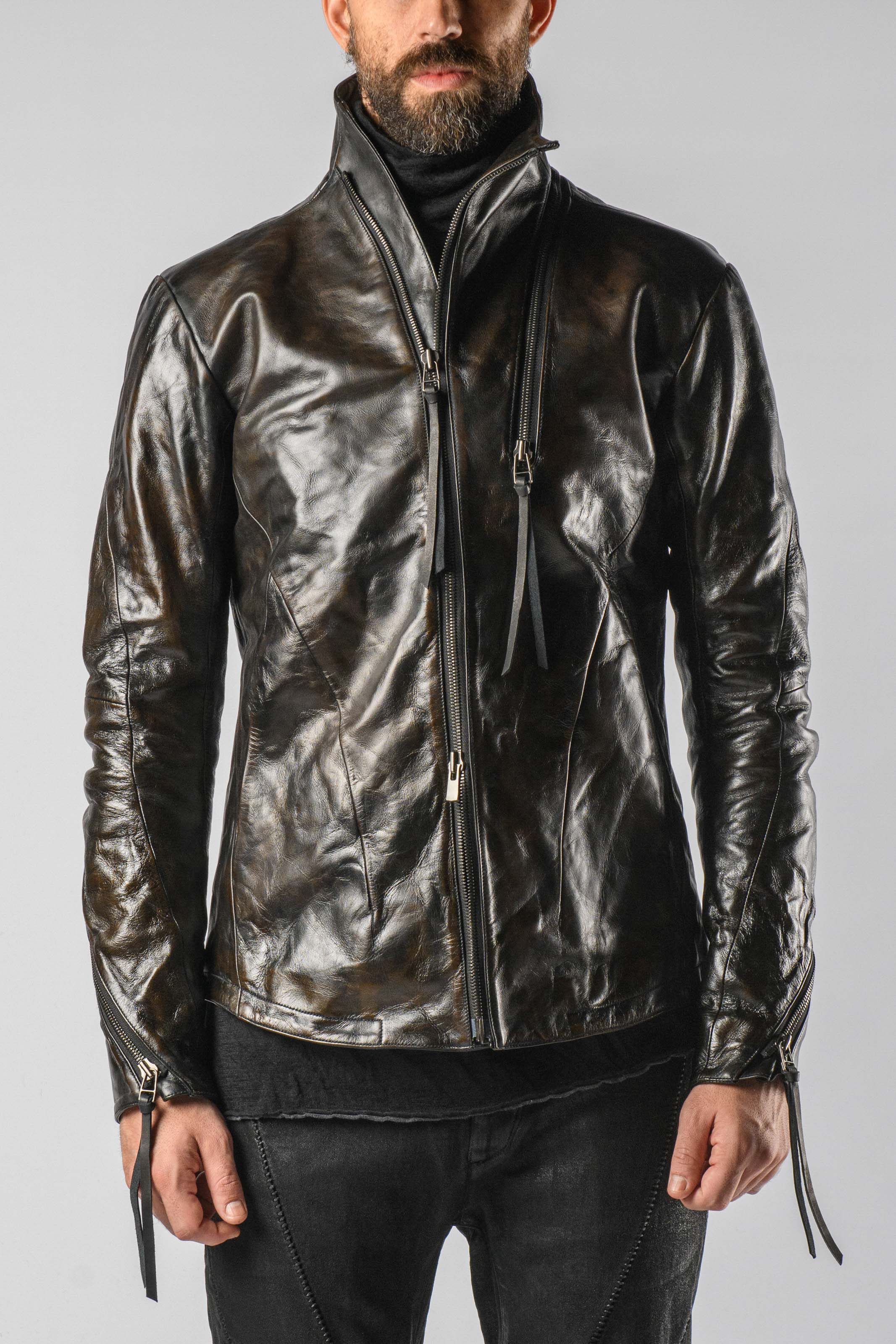 D.HYGEN Throne Collar Leather Jacket in color Charcoal | Elixirgallery