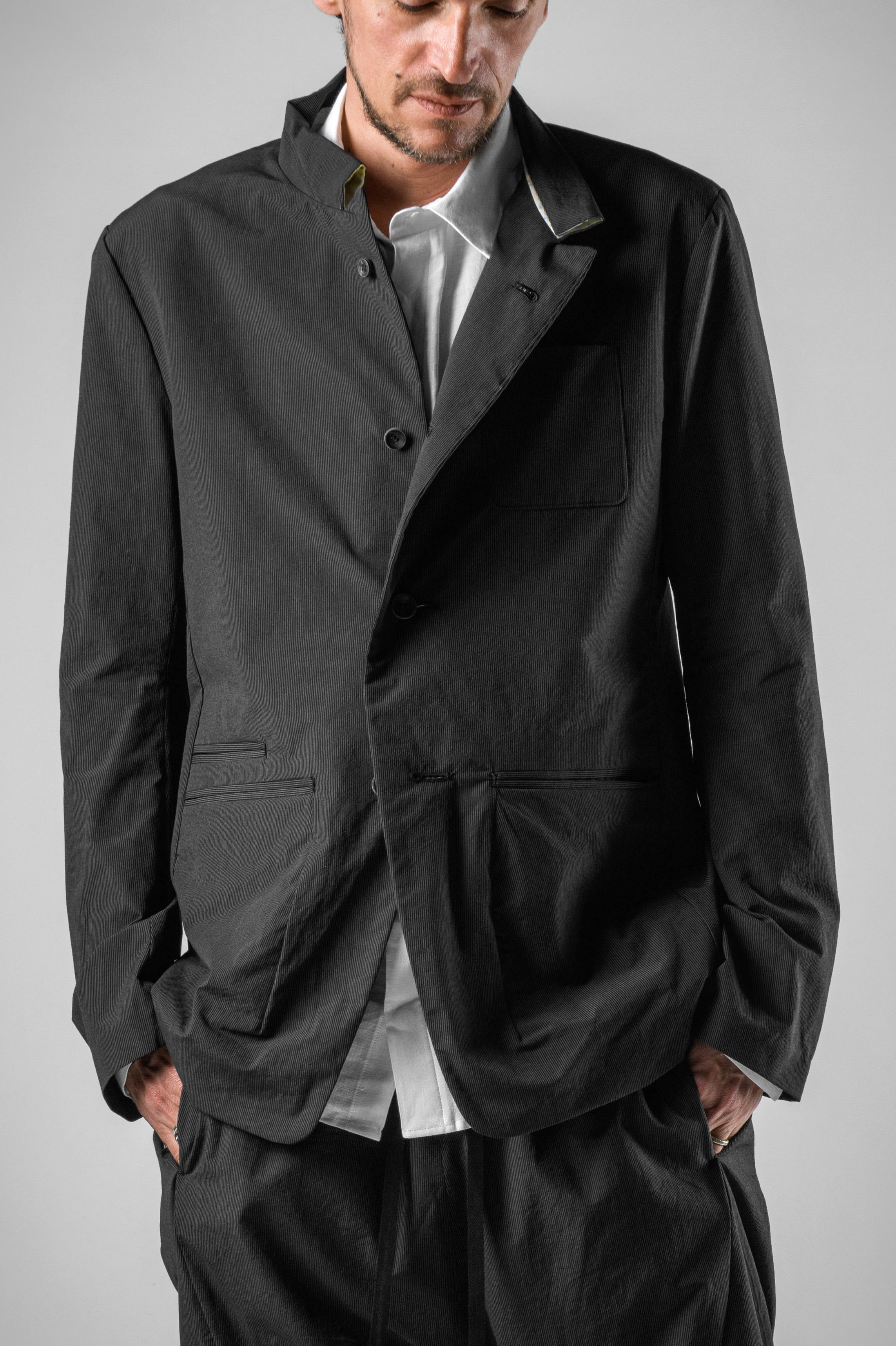 【AMERI】ASYMMETRY STAND COLLAR COAT Gray Asymmetric Coat, High Collar Jacket, Women Sweatshirt