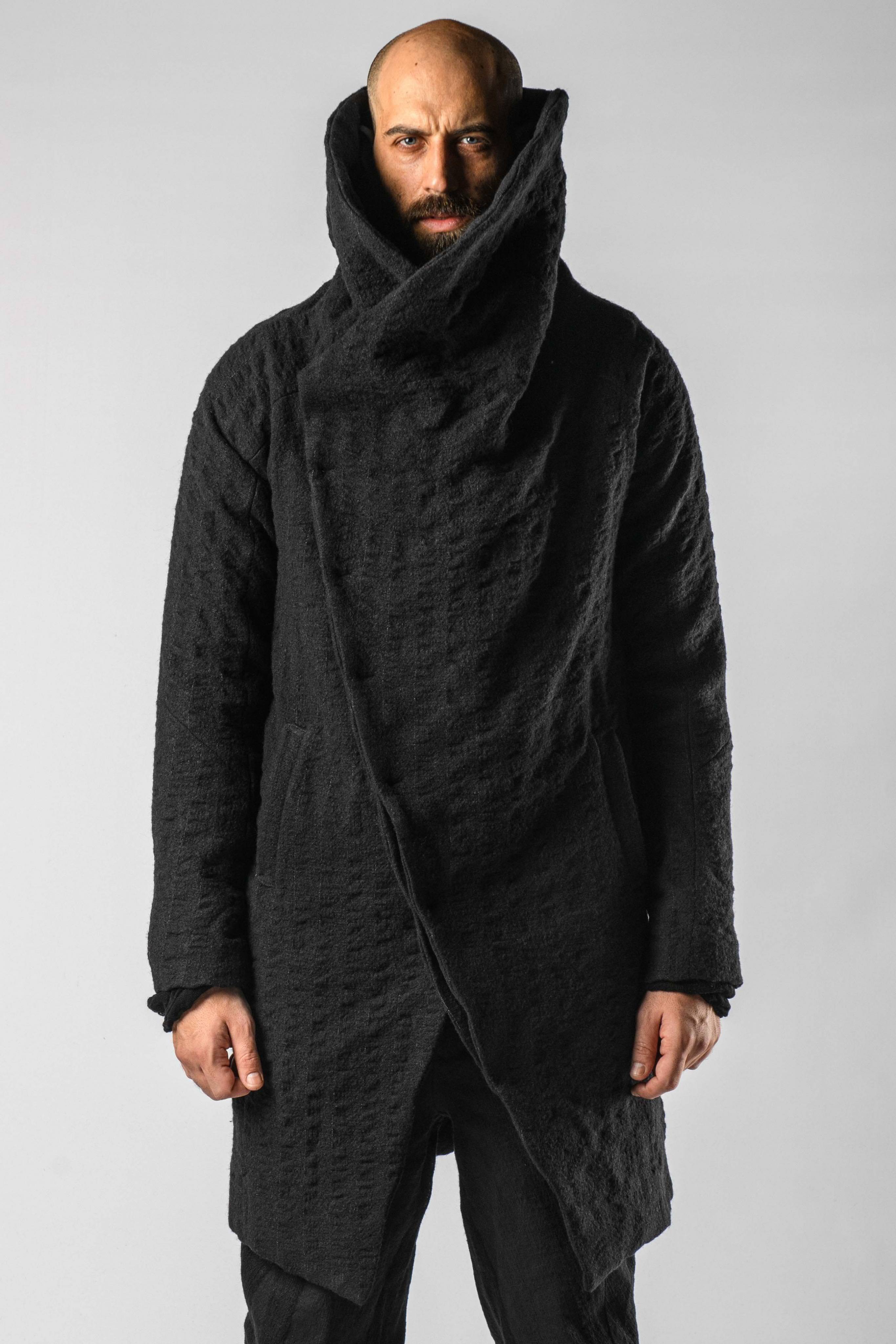 ISSEY FUJITA High-neck Asymmetric Coat in color Black | Elixirgallery ISSEY FUJITA High-neck Asymmetric Coat in color Black | Elixirgallery