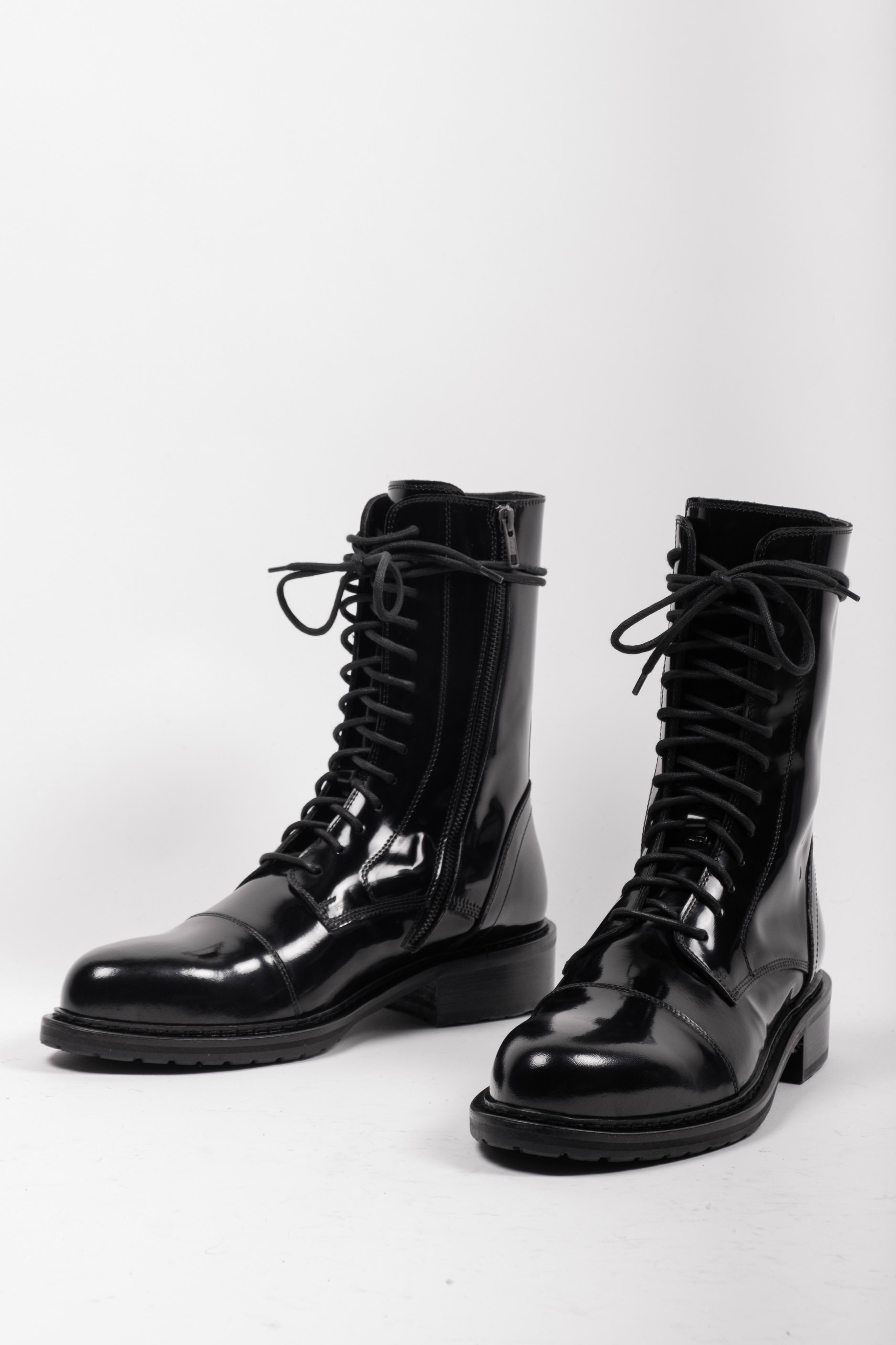 Ann Demeulemeester Lacquered Pointy Toe Combat Boots | Elixirgallery