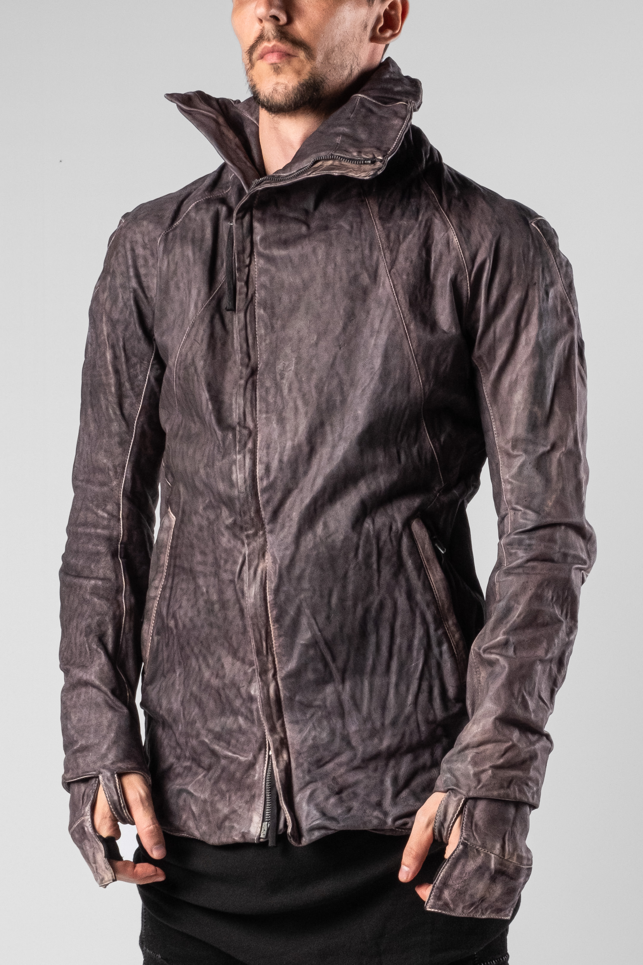 Boris Bidjan Saberi J3 High-neck Leather Jacket in color Dark Grey