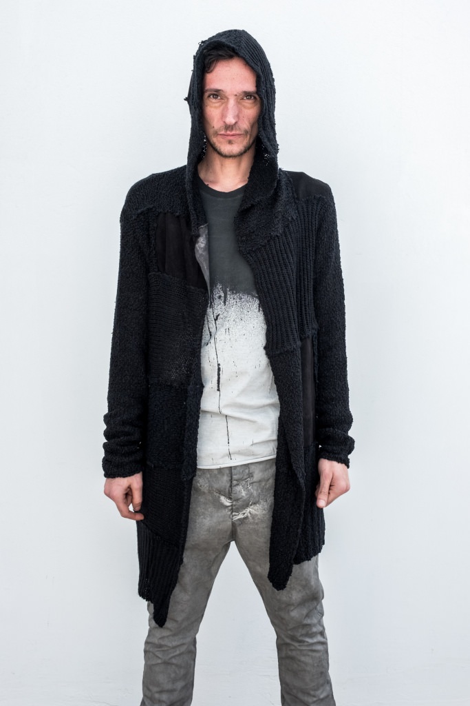 10sei0Otto Hoodie cardigan w/leather inserts in color Black